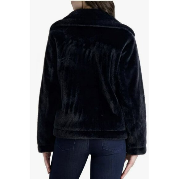 French Connection Black Faux Fur Notched Collar Coat Jacket NEW Large - Picture 3 of 7